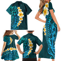 Turquosie Polynesia Family Matching Short Sleeve Bodycon Dress and Hawaiian Shirt Plumeria Tropical Leaves With Galaxy Polynesian Art LT14 - Polynesian Pride