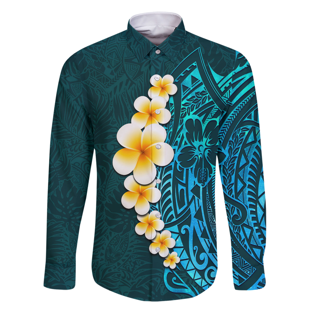 Turquosie Polynesia Family Matching Short Sleeve Bodycon Dress and Hawaiian Shirt Plumeria Tropical Leaves With Galaxy Polynesian Art LT14 Dad's Shirt - Long Sleeve Turquoise - Polynesian Pride