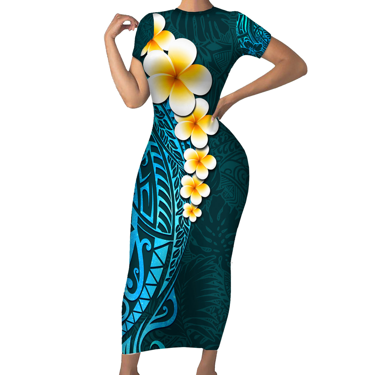 Turquosie Polynesia Family Matching Short Sleeve Bodycon Dress and Hawaiian Shirt Plumeria Tropical Leaves With Galaxy Polynesian Art LT14 Mom's Dress Turquoise - Polynesian Pride