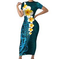 Turquosie Polynesia Family Matching Short Sleeve Bodycon Dress and Hawaiian Shirt Plumeria Tropical Leaves With Galaxy Polynesian Art LT14 Mom's Dress Turquoise - Polynesian Pride