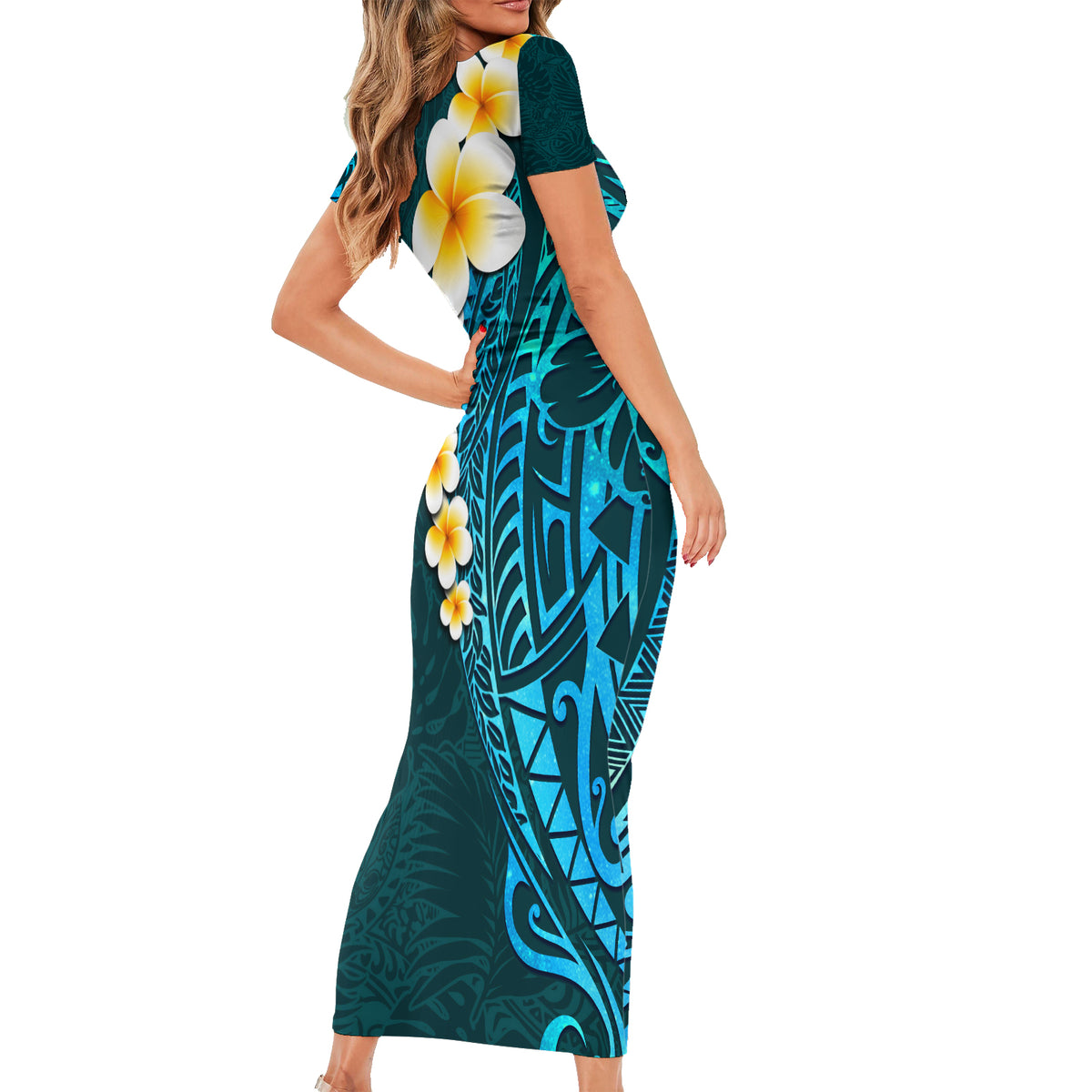 Turquosie Polynesia Family Matching Short Sleeve Bodycon Dress and Hawaiian Shirt Plumeria Tropical Leaves With Galaxy Polynesian Art LT14 - Polynesian Pride