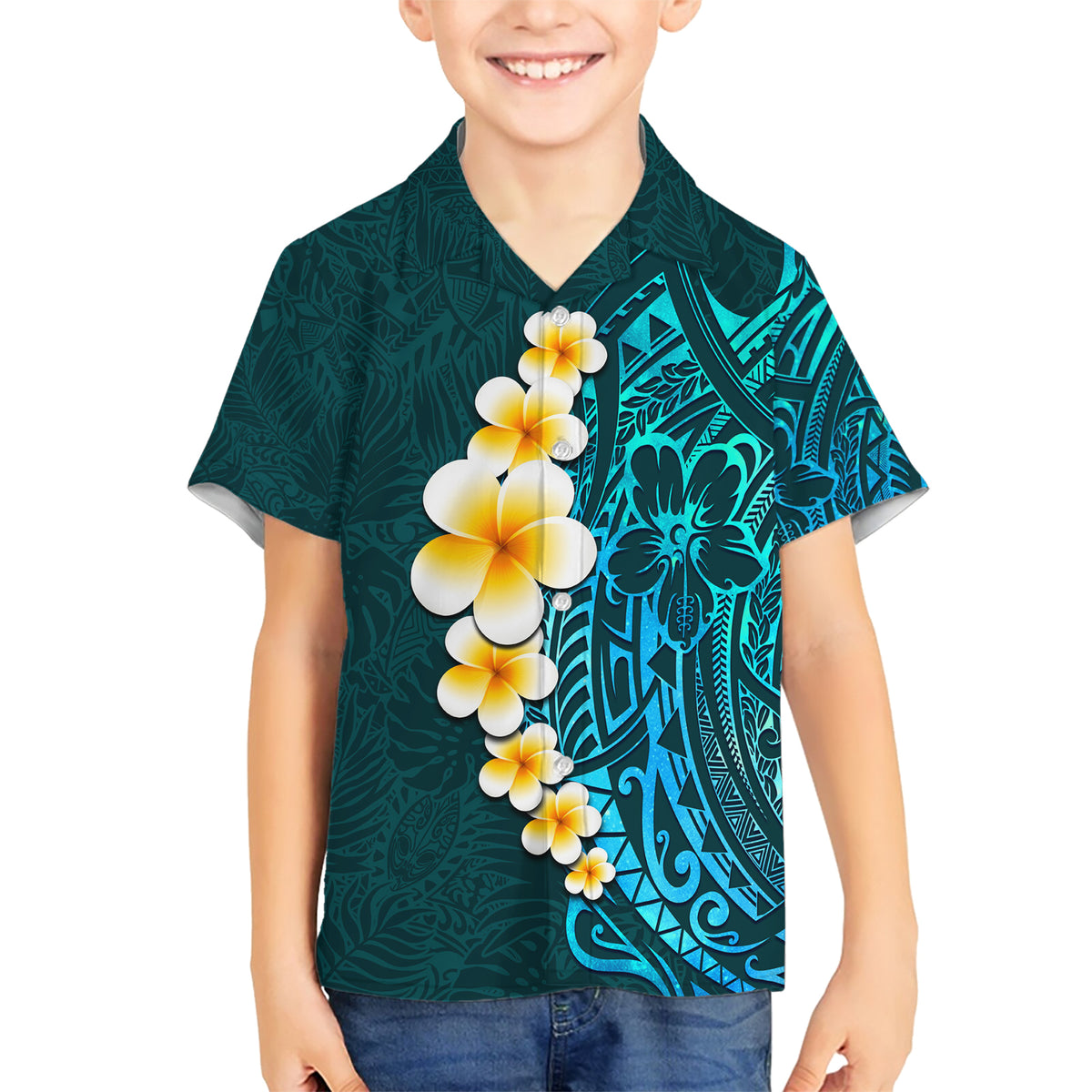 Turquosie Polynesia Family Matching Short Sleeve Bodycon Dress and Hawaiian Shirt Plumeria Tropical Leaves With Galaxy Polynesian Art LT14 Son's Shirt Turquoise - Polynesian Pride