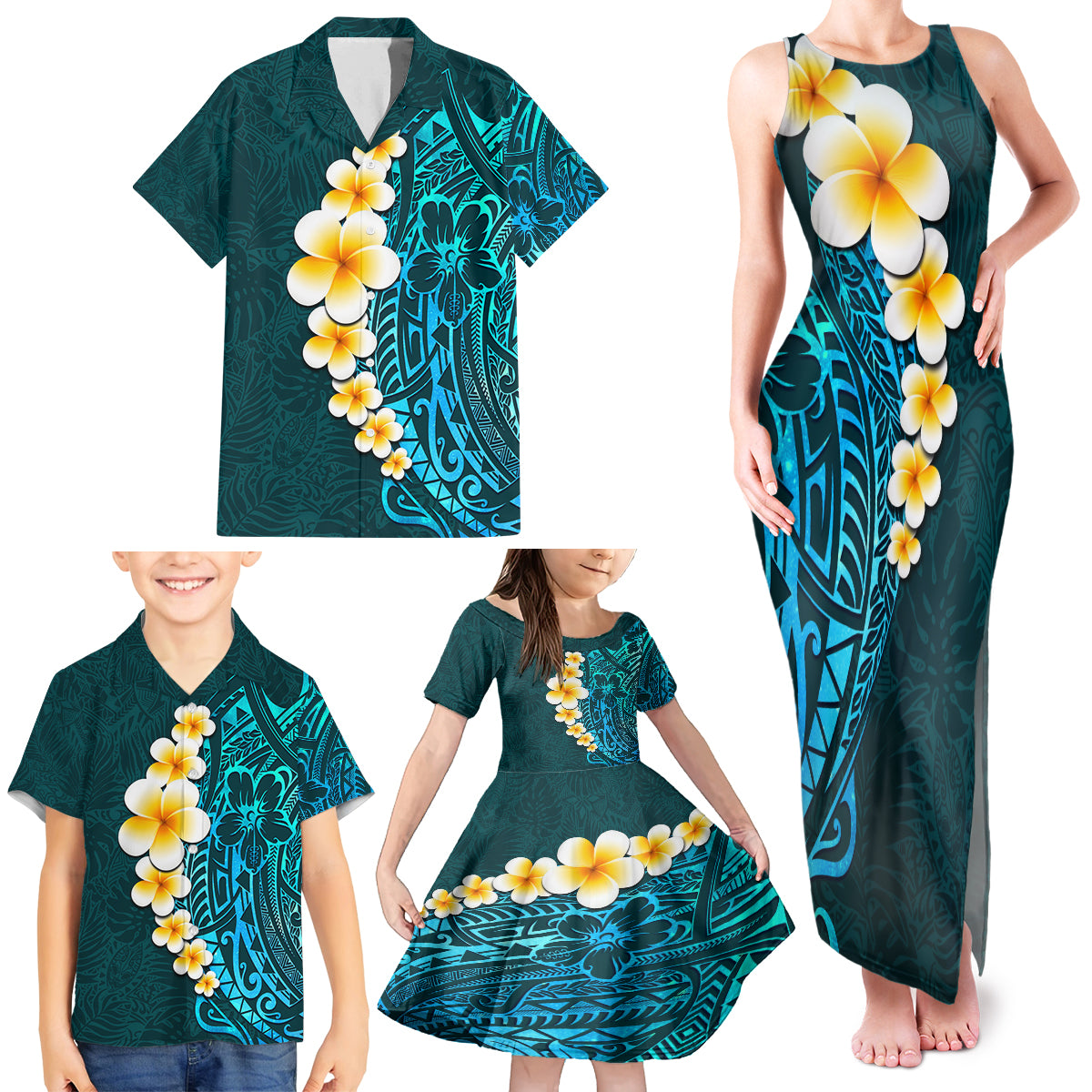 Turquosie Polynesia Family Matching Tank Maxi Dress and Hawaiian Shirt Plumeria Tropical Leaves With Galaxy Polynesian Art LT14 - Polynesian Pride