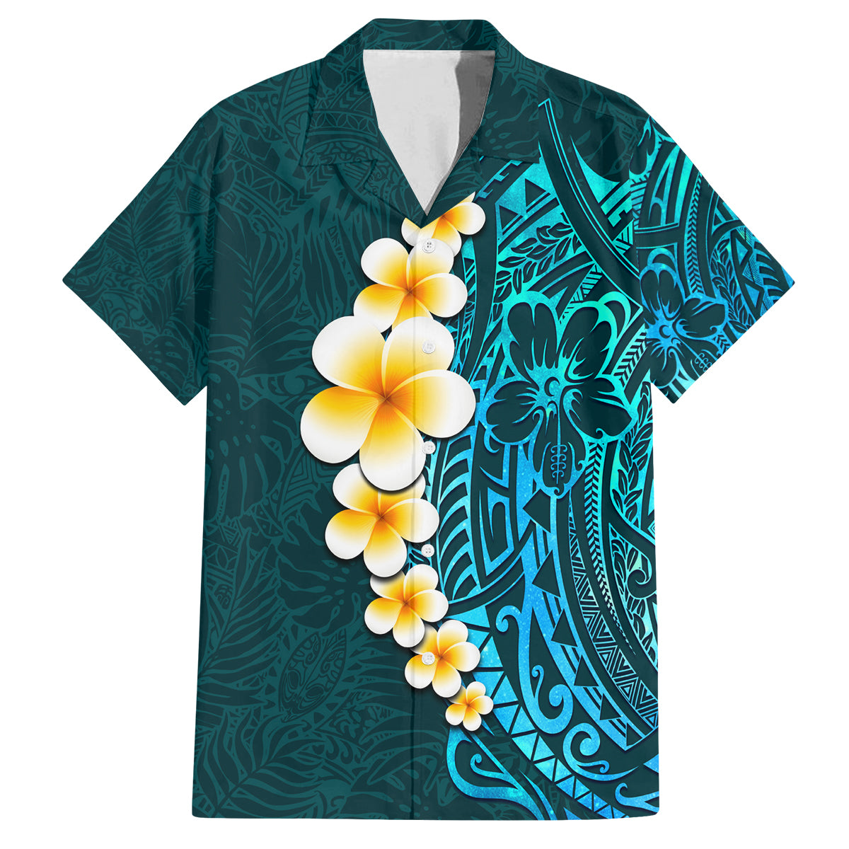 Turquosie Polynesia Family Matching Tank Maxi Dress and Hawaiian Shirt Plumeria Tropical Leaves With Galaxy Polynesian Art LT14 Dad's Shirt - Short Sleeve Turquoise - Polynesian Pride