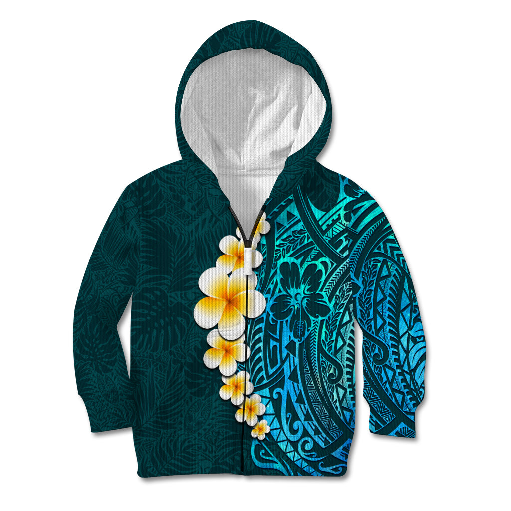 Turquosie Polynesia Kid Hoodie Plumeria Tropical Leaves With Galaxy Polynesian Art LT14 Zip Hoodie Turquoise - Polynesian Pride