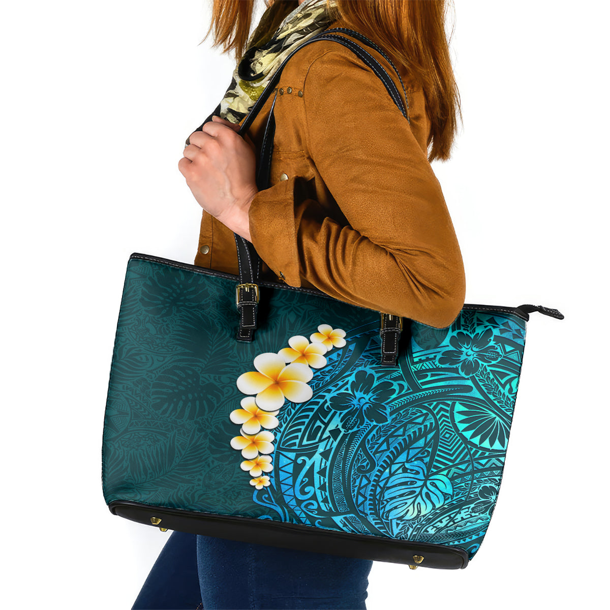 Turquosie Polynesia Leather Tote Bag Plumeria Tropical Leaves With Galaxy Polynesian Art LT14 Turquoise - Polynesian Pride