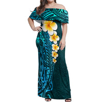 Turquosie Polynesia Off Shoulder Maxi Dress Plumeria Tropical Leaves With Galaxy Polynesian Art LT14 Women Turquoise - Polynesian Pride