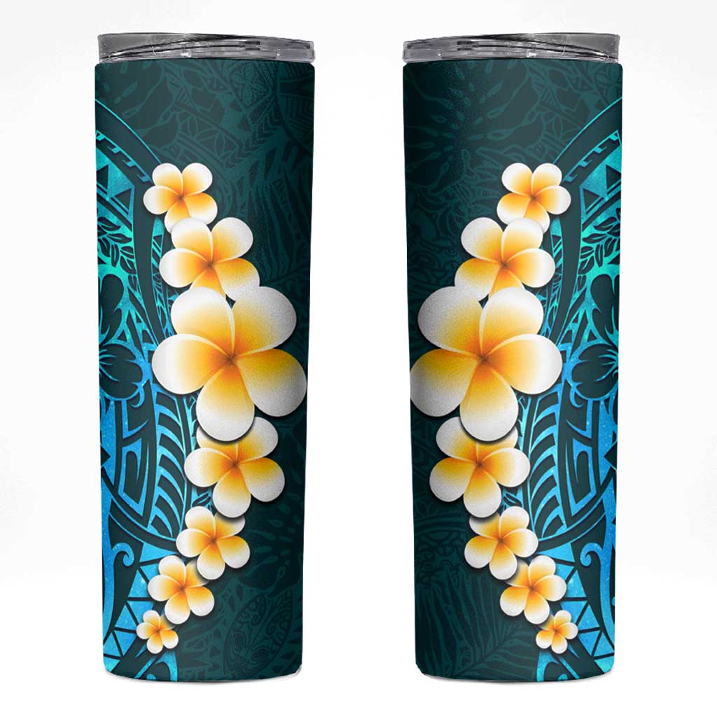 Turquosie Polynesia Skinny Tumbler Plumeria Tropical Leaves With Galaxy Polynesian Art