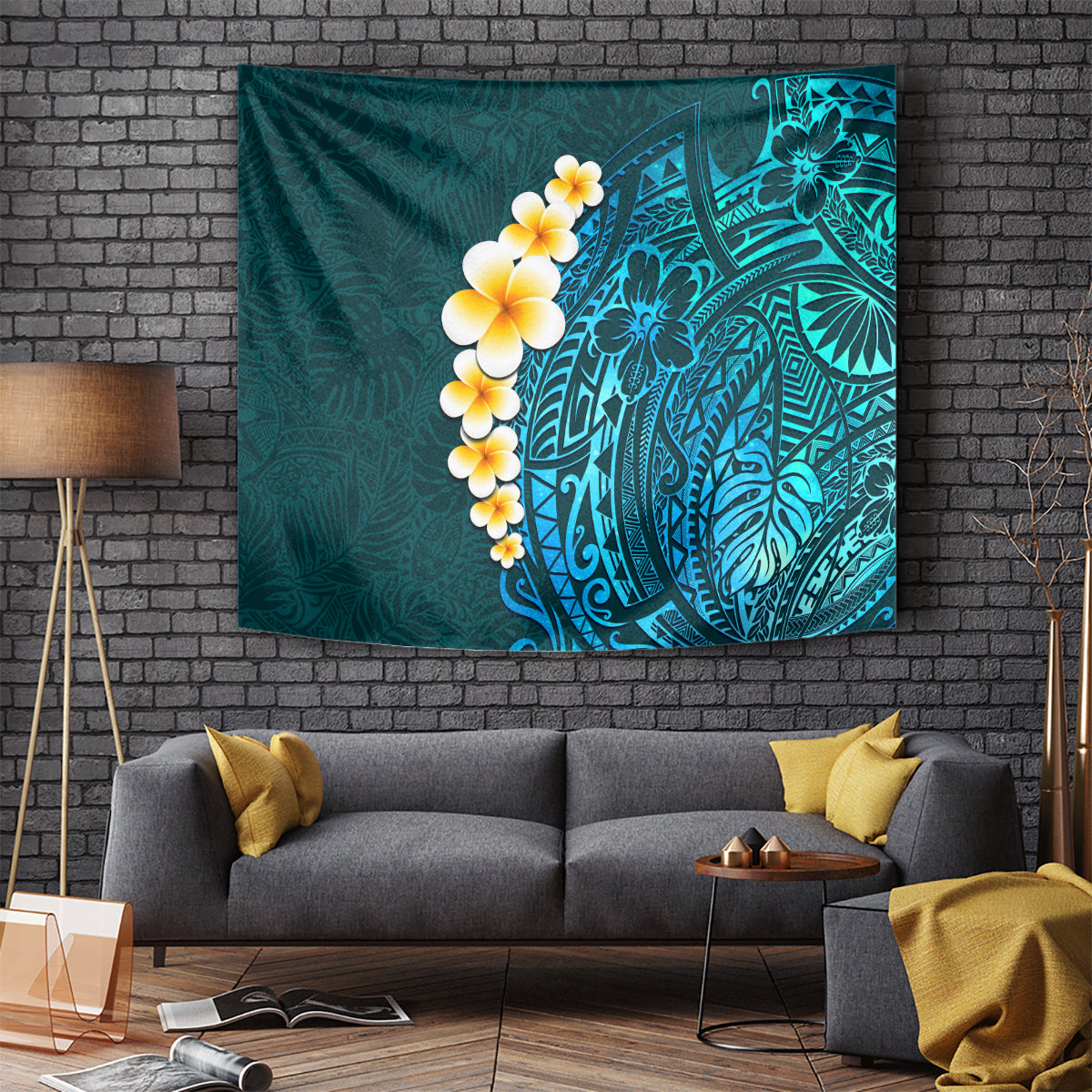 Turquosie Polynesia Tapestry Plumeria Tropical Leaves With Galaxy Polynesian Art LT14 Turquoise - Polynesian Pride