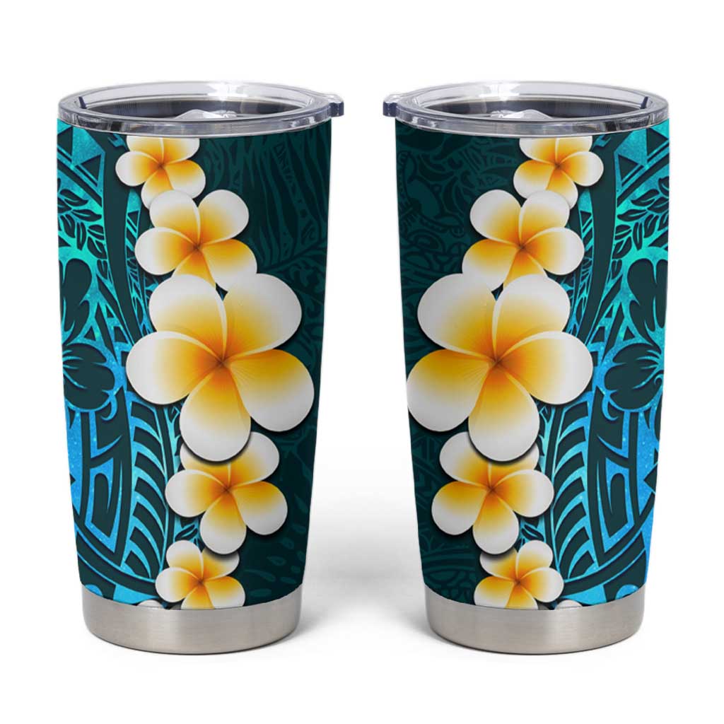 Turquosie Polynesia Tumbler Cup Plumeria Tropical Leaves With Galaxy Polynesian Art