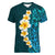 Turquosie Polynesia Women V Neck T Shirt Plumeria Tropical Leaves With Galaxy Polynesian Art LT14 Female Turquoise - Polynesian Pride