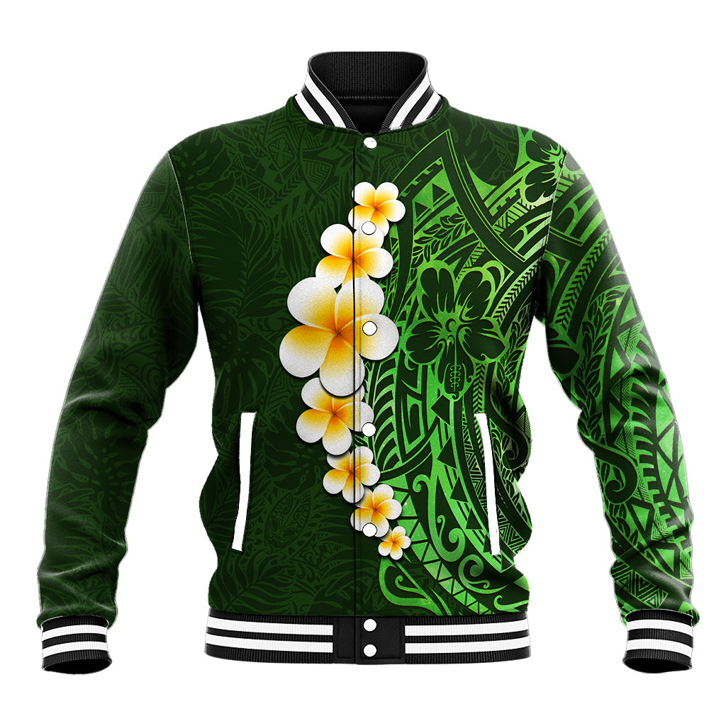 Green Polynesia Baseball Jacket Plumeria Tropical Leaves With Galaxy Polynesian Art LT14 Unisex Green - Polynesian Pride