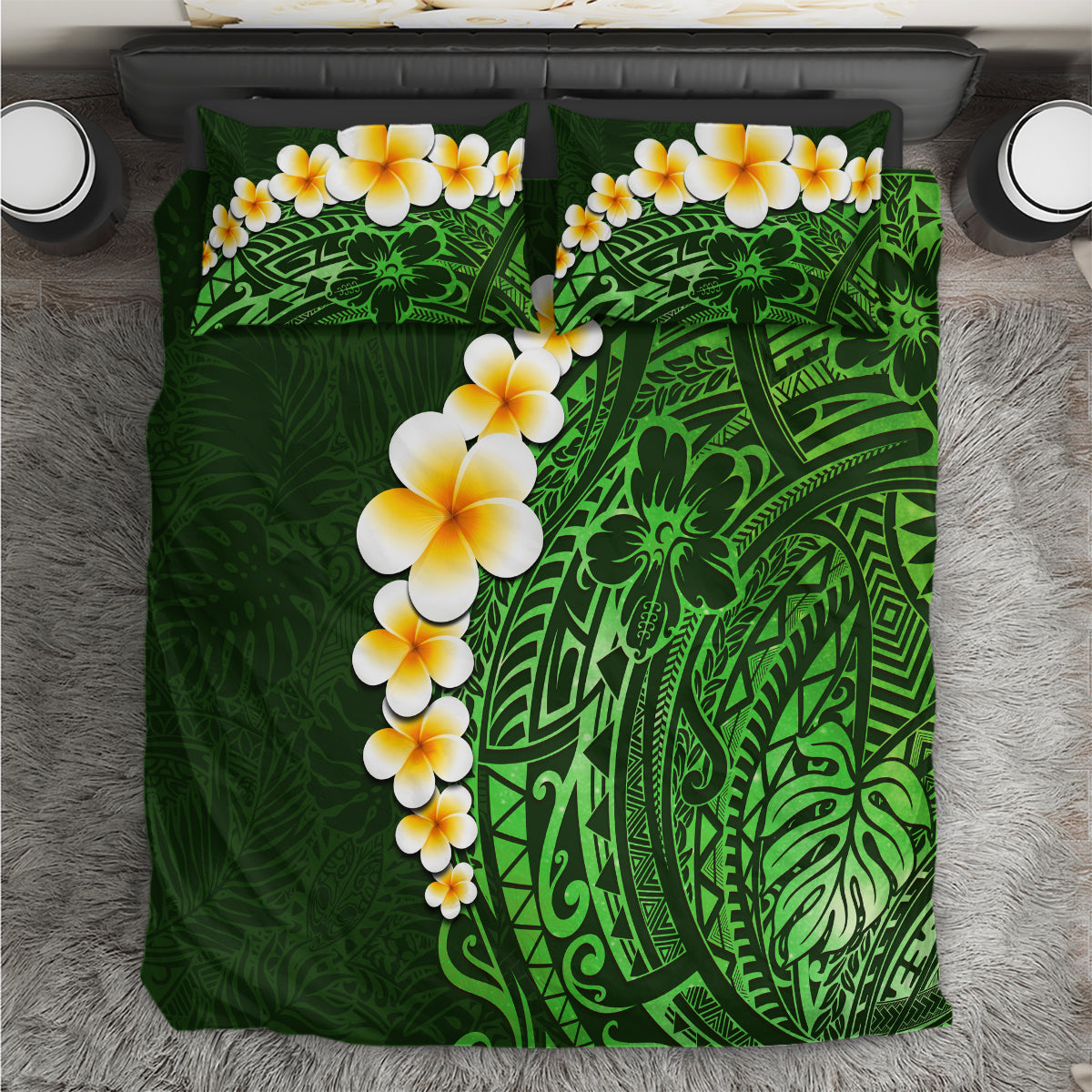 Green Polynesia Bedding Set Plumeria Tropical Leaves With Galaxy Polynesian Art LT14 Green - Polynesian Pride