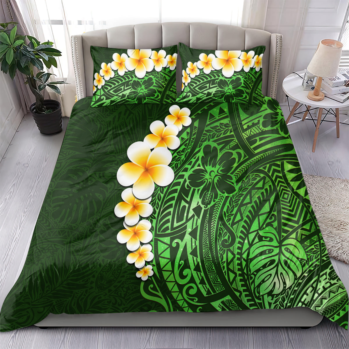 Green Polynesia Bedding Set Plumeria Tropical Leaves With Galaxy Polynesian Art LT14 - Polynesian Pride