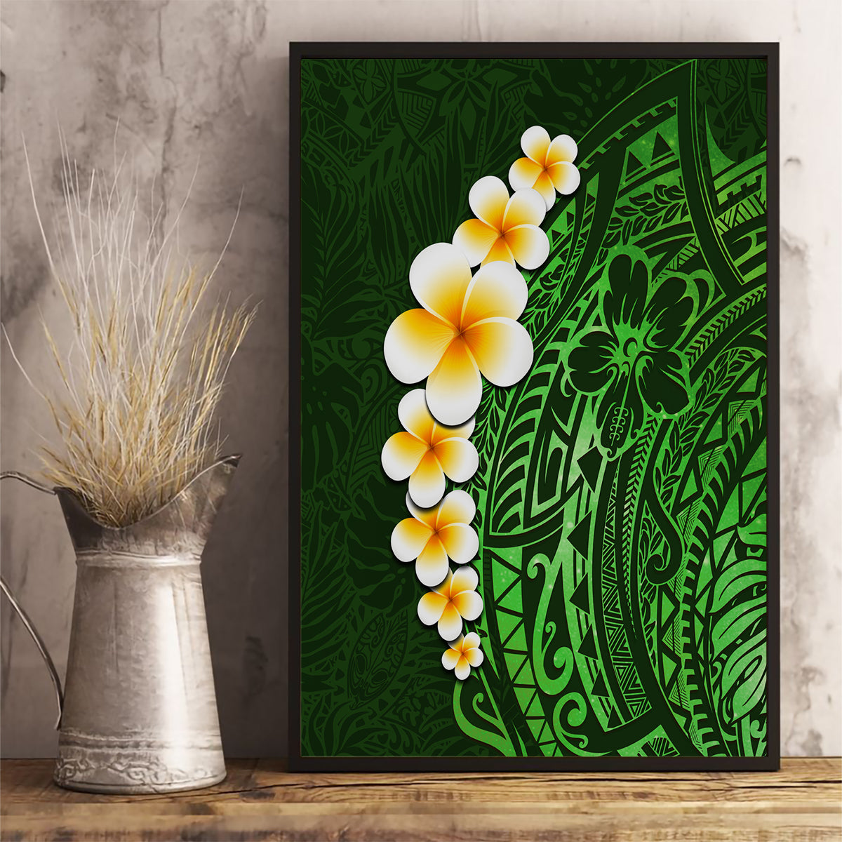 Green Polynesia Canvas Wall Art Plumeria Tropical Leaves With Galaxy Polynesian Art LT14 - Polynesian Pride