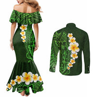 Green Polynesia Couples Matching Mermaid Dress and Long Sleeve Button Shirt Plumeria Tropical Leaves With Galaxy Polynesian Art LT14 - Polynesian Pride