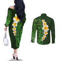 Green Polynesia Couples Matching Off The Shoulder Long Sleeve Dress and Long Sleeve Button Shirt Plumeria Tropical Leaves With Galaxy Polynesian Art LT14 - Polynesian Pride