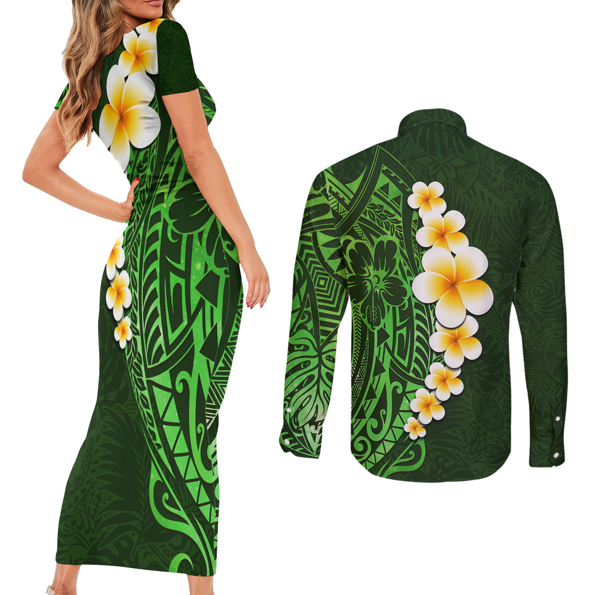 Green Polynesia Couples Matching Short Sleeve Bodycon Dress and Long Sleeve Button Shirt Plumeria Tropical Leaves With Galaxy Polynesian Art LT14 - Polynesian Pride