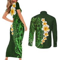 Green Polynesia Couples Matching Short Sleeve Bodycon Dress and Long Sleeve Button Shirt Plumeria Tropical Leaves With Galaxy Polynesian Art LT14 - Polynesian Pride