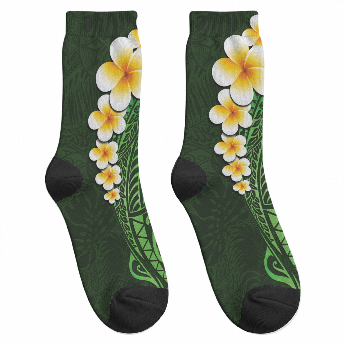 Green Tropical Plumeria With Galaxy Polynesian Art Crew Socks