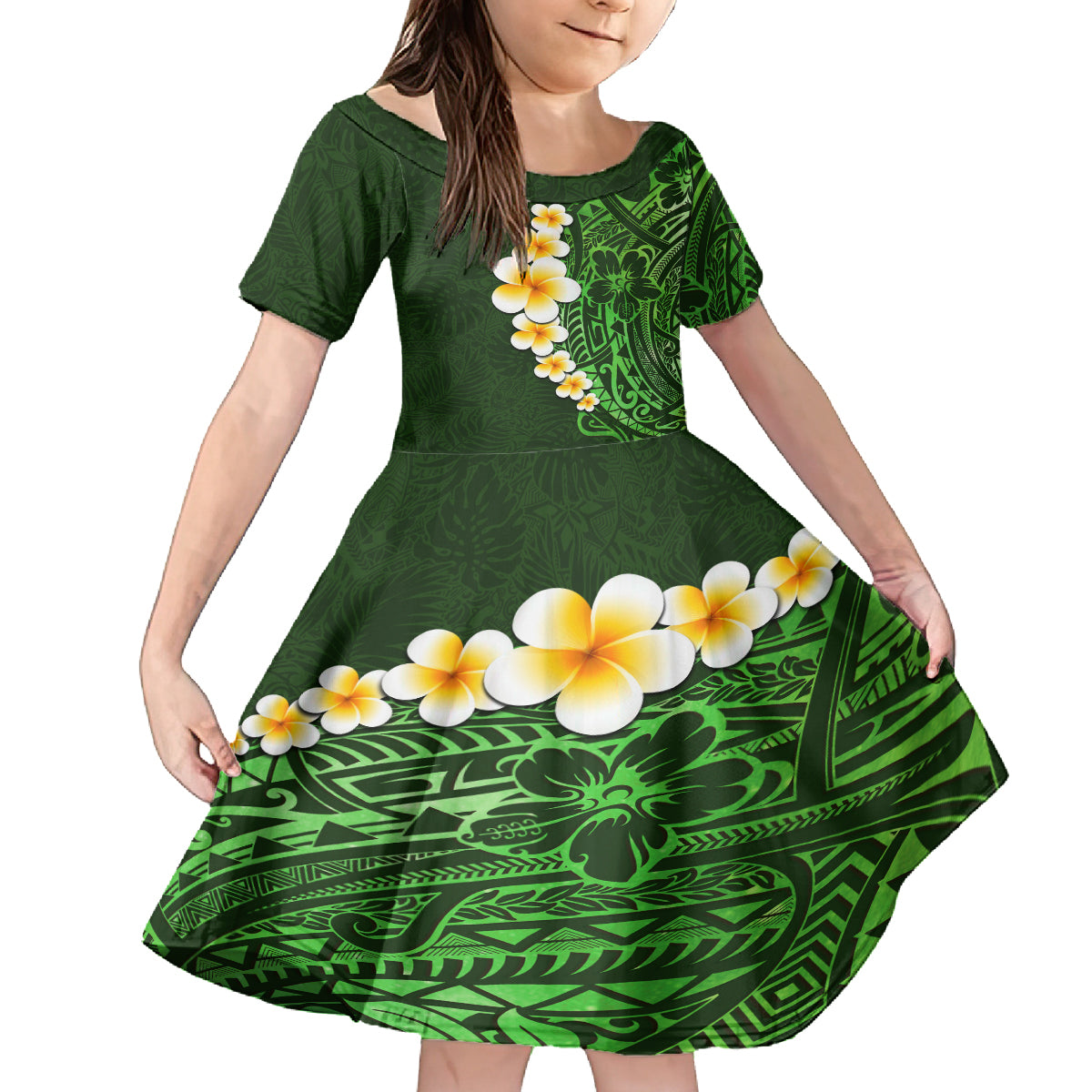 Green Polynesia Family Matching Tank Maxi Dress and Hawaiian Shirt Plumeria Tropical Leaves With Galaxy Polynesian Art LT14 Daughter's Dress Green - Polynesian Pride