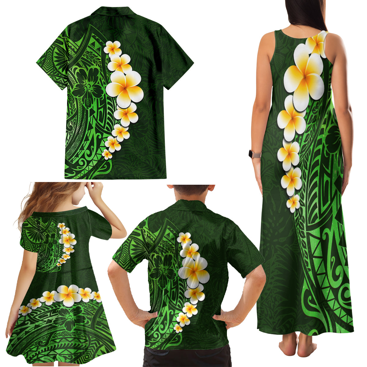 Green Polynesia Family Matching Tank Maxi Dress and Hawaiian Shirt Plumeria Tropical Leaves With Galaxy Polynesian Art LT14 - Polynesian Pride