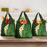 Green Polynesia Grocery Bag Plumeria Tropical Leaves With Galaxy Polynesian Art