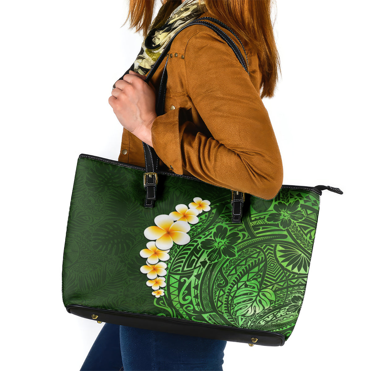 Green Polynesia Leather Tote Bag Plumeria Tropical Leaves With Galaxy Polynesian Art LT14 Green - Polynesian Pride