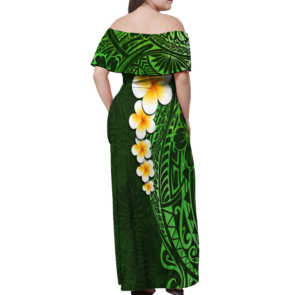 Green Polynesia Off Shoulder Maxi Dress Plumeria Tropical Leaves With Galaxy Polynesian Art LT14 - Polynesian Pride