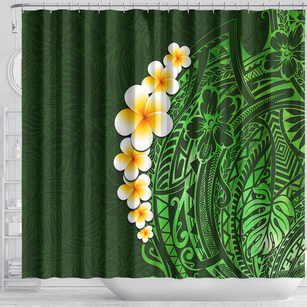 Green Polynesia Shower Curtain Plumeria Tropical Leaves With Galaxy Polynesian Art LT14 - Polynesian Pride