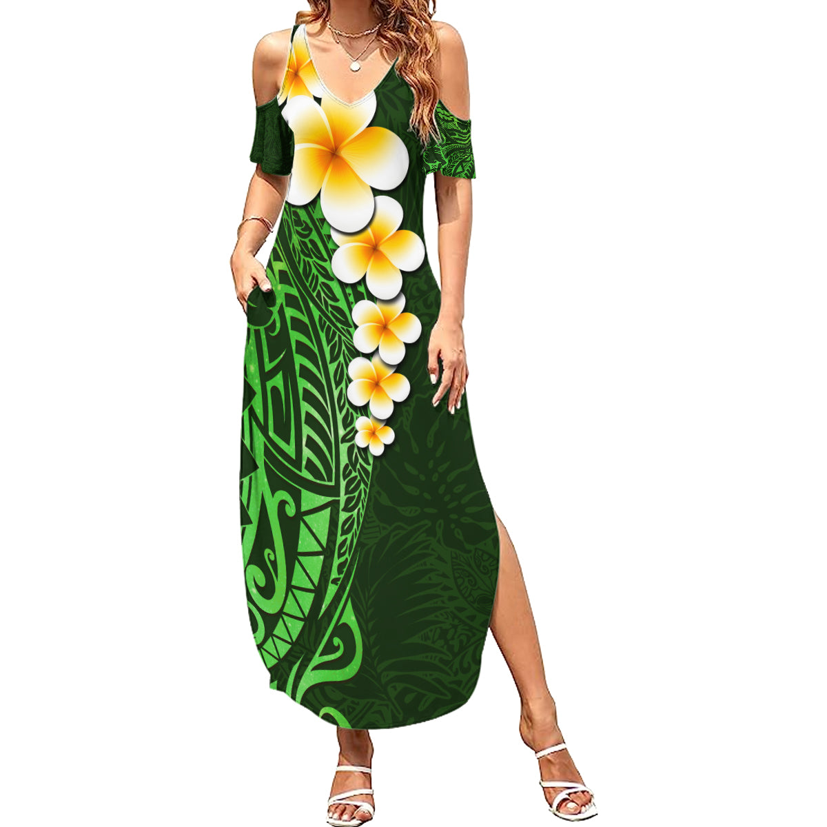 Green Polynesia Summer Maxi Dress Plumeria Tropical Leaves With Galaxy Polynesian Art LT14 Women Green - Polynesian Pride