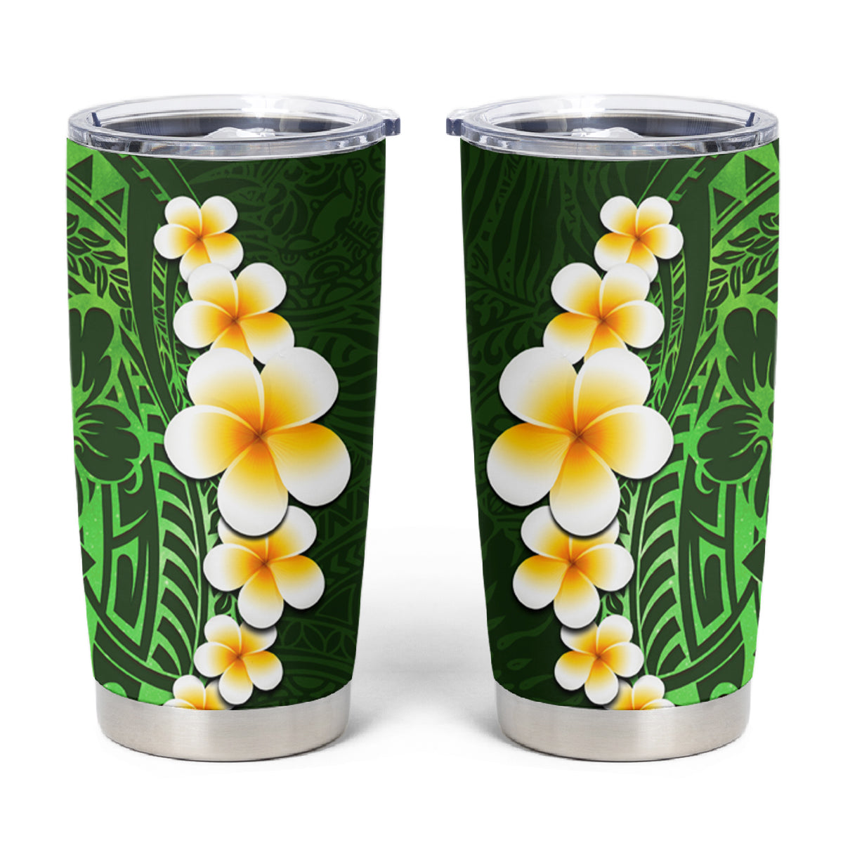 Green Polynesia Tumbler Cup Plumeria Tropical Leaves With Galaxy Polynesian Art