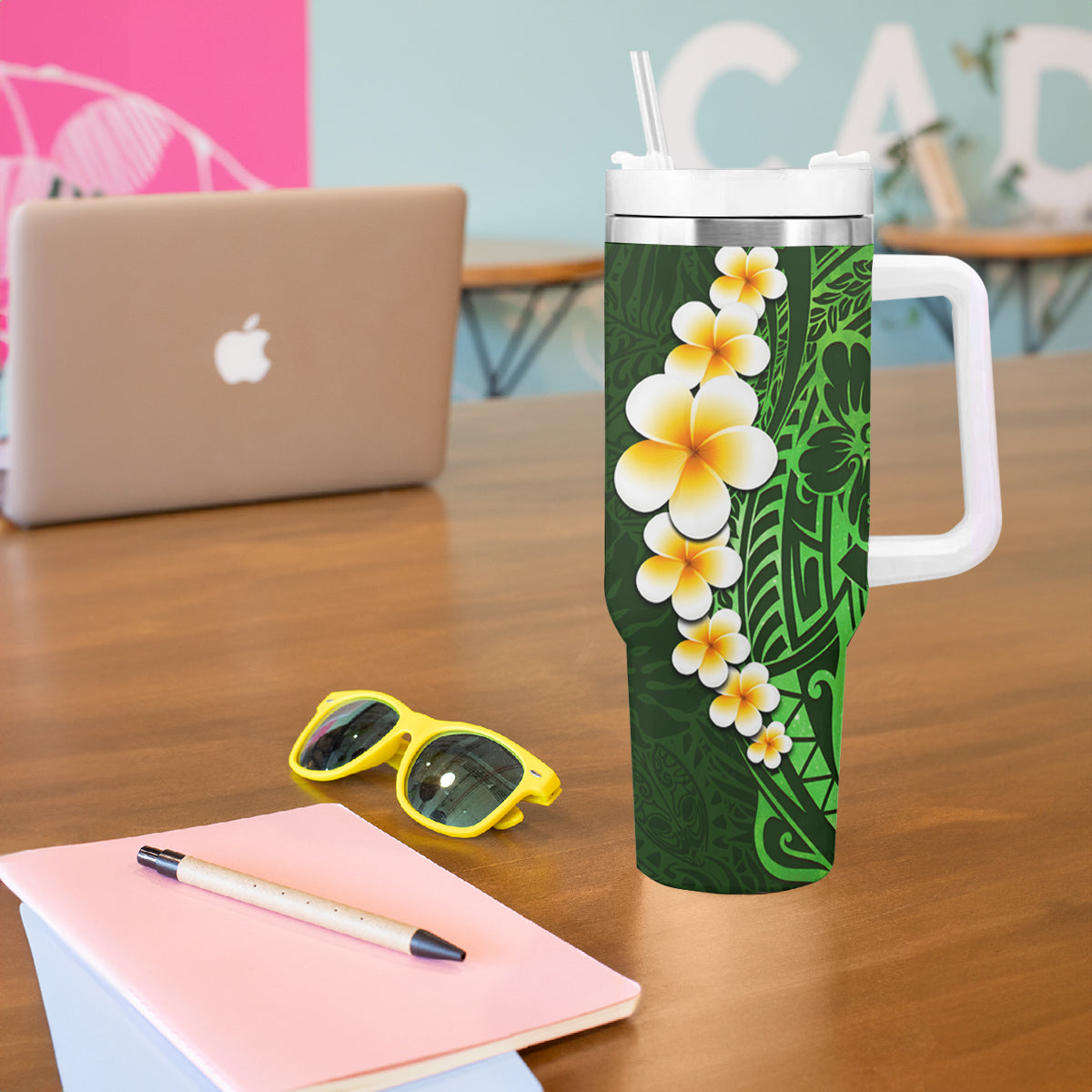 Green Polynesia Tumbler With Handle Plumeria Tropical Leaves With Galaxy Polynesian Art