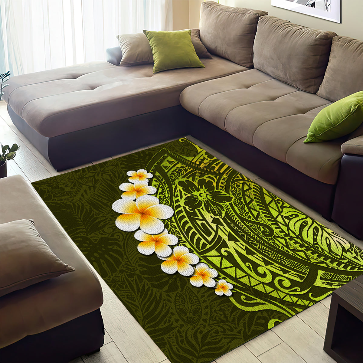 Lime Green Tropical Plumeria With Galaxy Polynesian Art Area Rug LT14 - Polynesian Pride