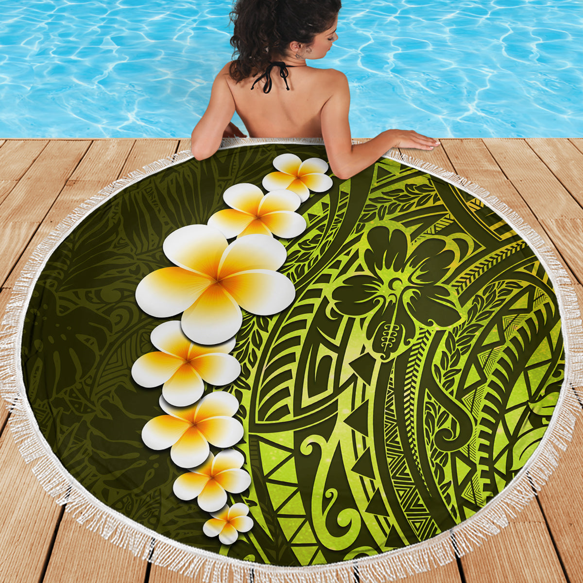 Lime Green Tropical Plumeria With Galaxy Polynesian Art Beach Blanket LT14 - Polynesian Pride