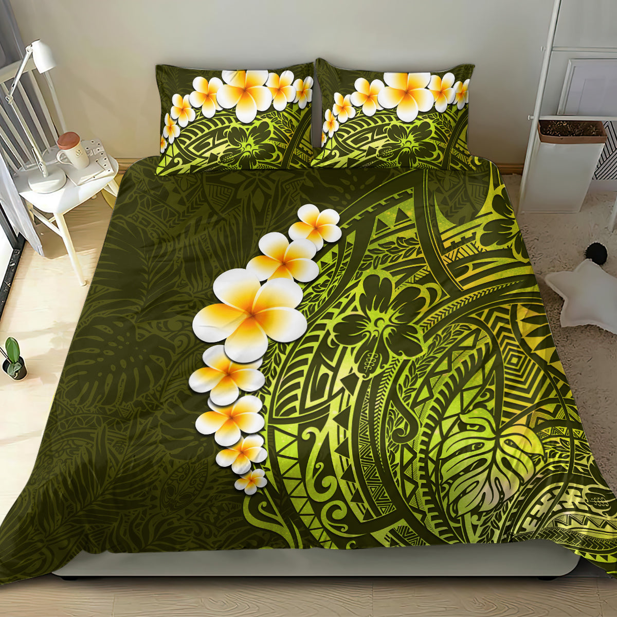 Lime Green Tropical Plumeria With Galaxy Polynesian Art Bedding Set LT14 - Polynesian Pride