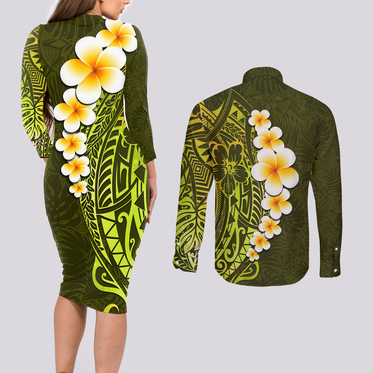 Lime Green Tropical Plumeria With Galaxy Polynesian Art Couples Matching Long Sleeve Bodycon Dress and Long Sleeve Button Shirt LT14 - Polynesian Pride