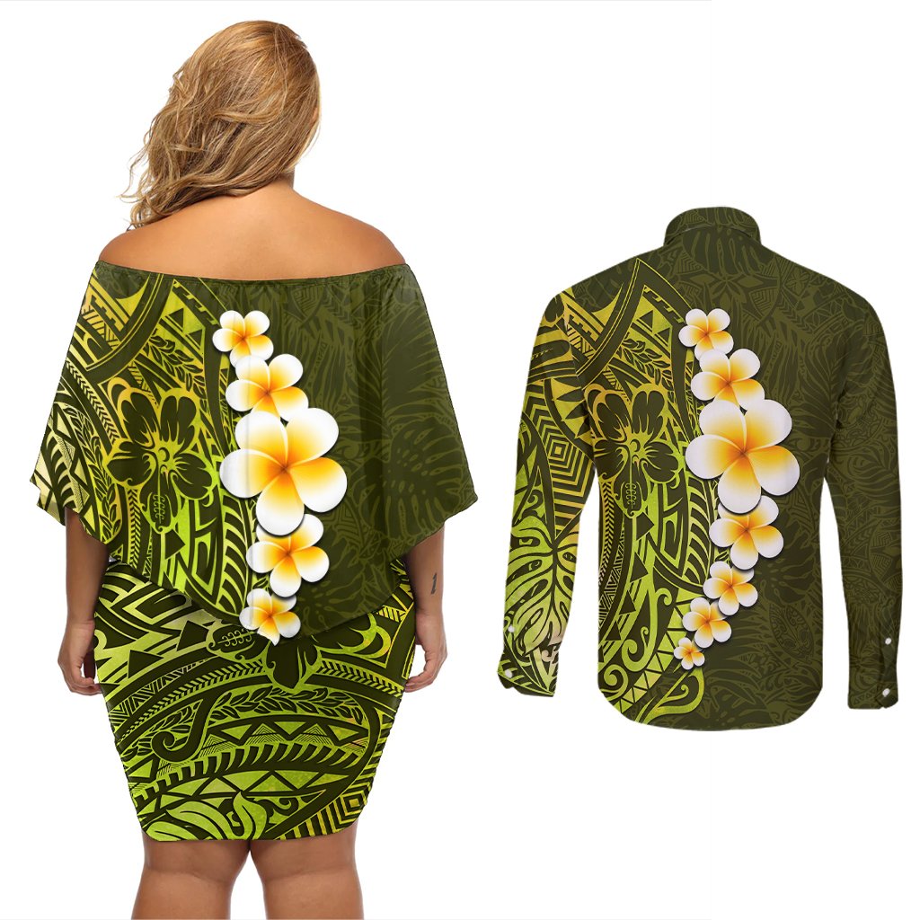 Lime Green Tropical Plumeria With Galaxy Polynesian Art Couples Matching Off Shoulder Short Dress and Long Sleeve Button Shirt LT14 - Polynesian Pride