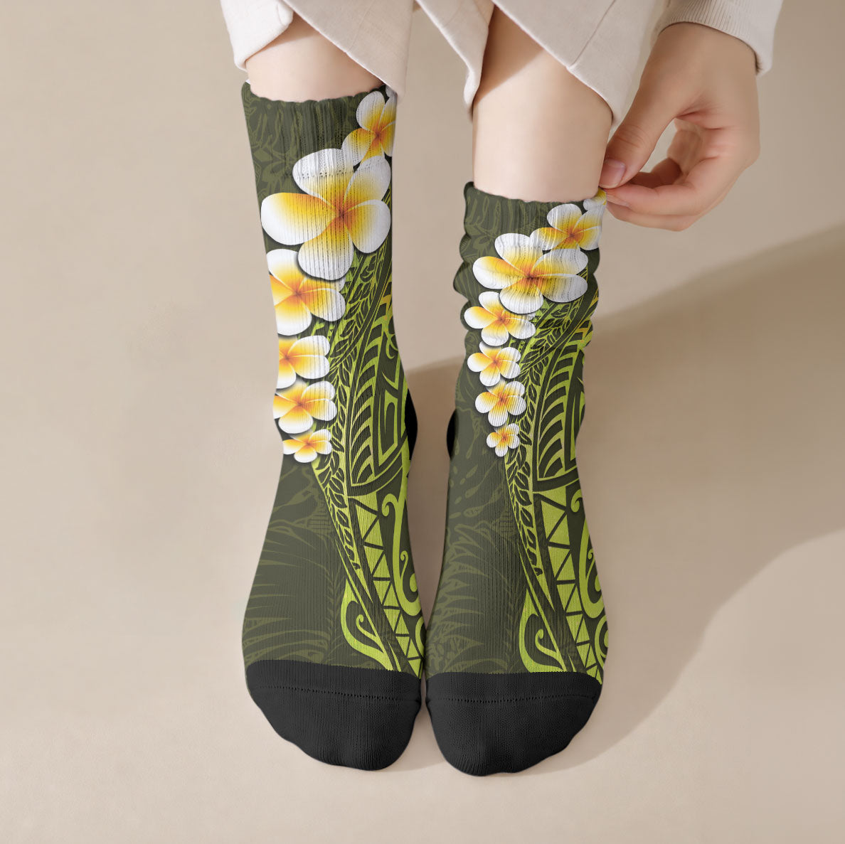 Lime Green Tropical Plumeria With Galaxy Polynesian Art Crew Socks