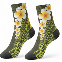 Lime Green Tropical Plumeria With Galaxy Polynesian Art Crew Socks