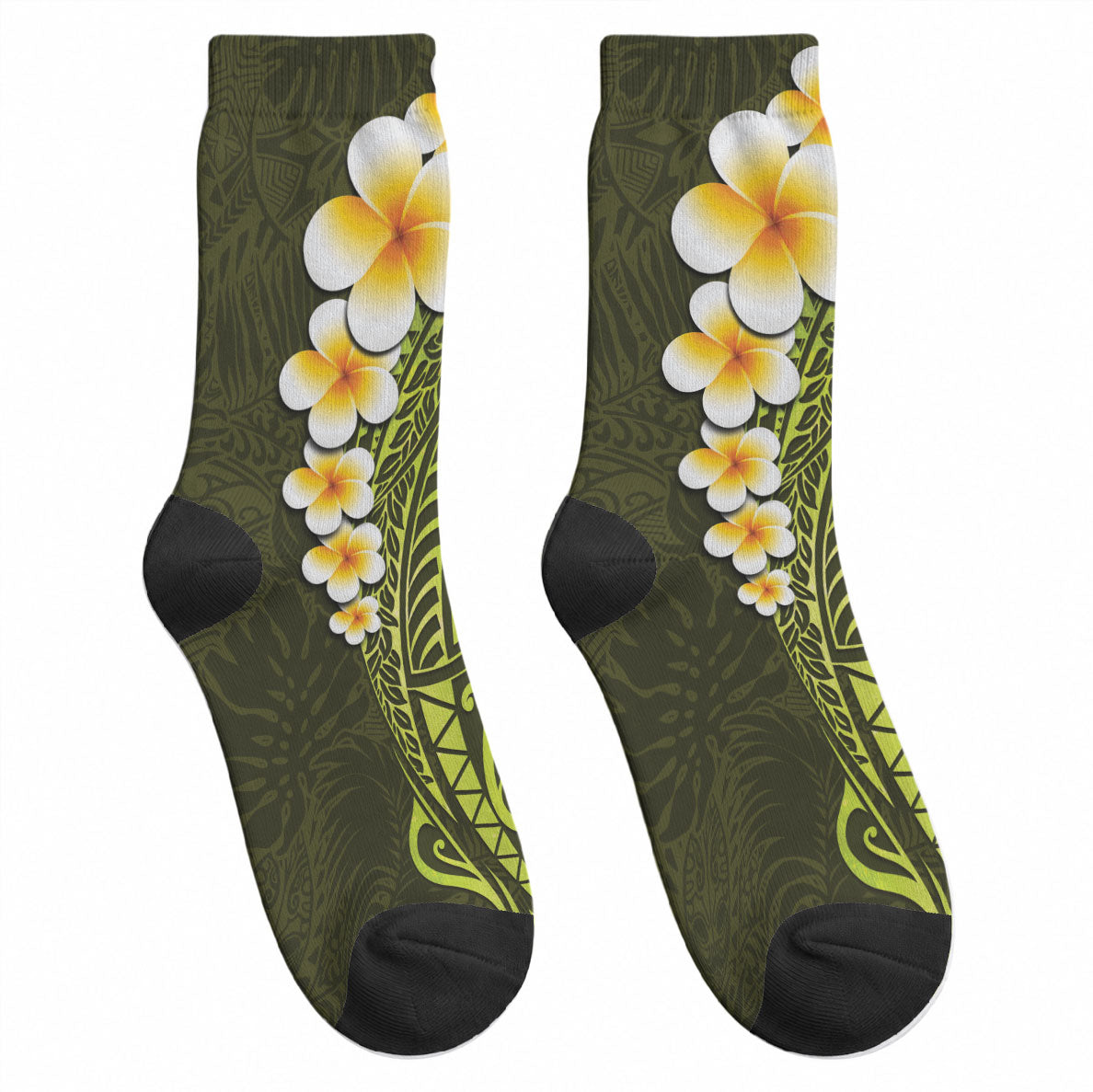 Lime Green Tropical Plumeria With Galaxy Polynesian Art Crew Socks