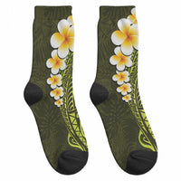 Lime Green Tropical Plumeria With Galaxy Polynesian Art Crew Socks