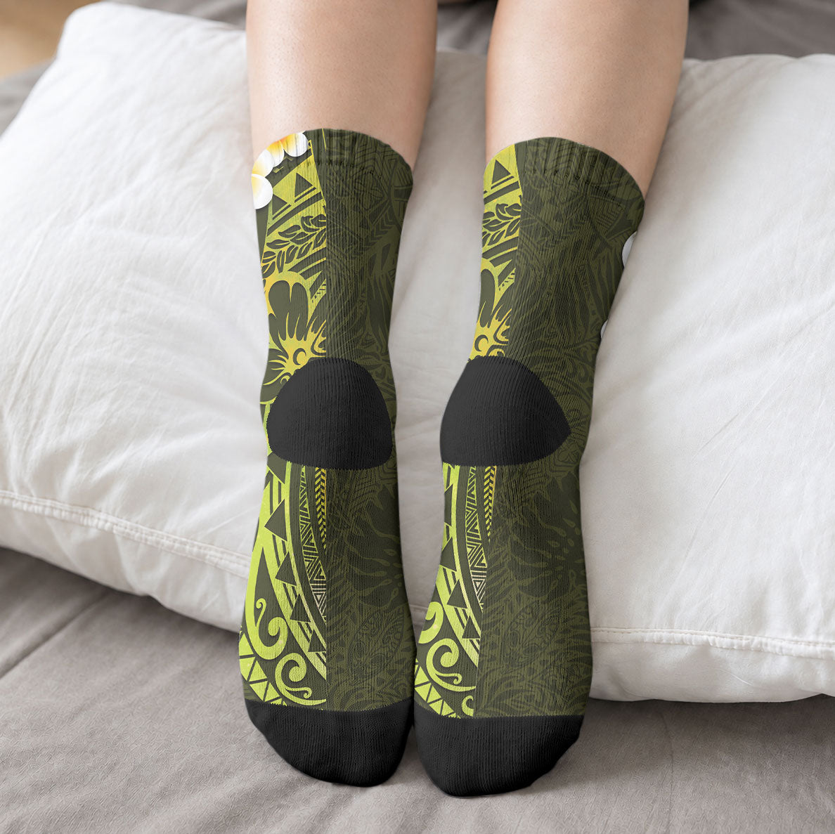 Lime Green Tropical Plumeria With Galaxy Polynesian Art Crew Socks