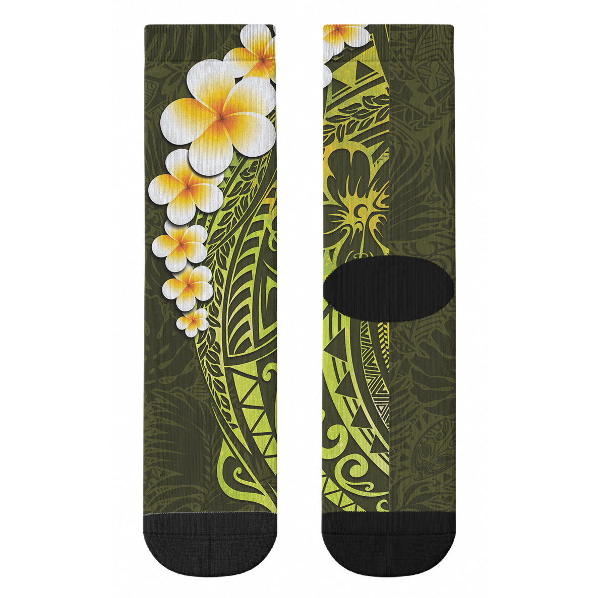 Lime Green Tropical Plumeria With Galaxy Polynesian Art Crew Socks