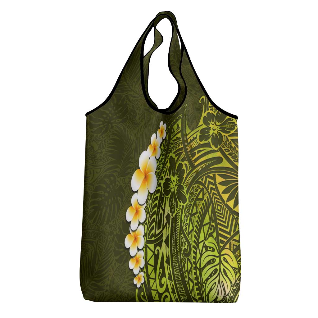 Lime Green Tropical Plumeria With Galaxy Polynesian Art Grocery Bag