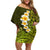 Lime Green Tropical Plumeria With Galaxy Polynesian Art Off Shoulder Short Dress LT14 Women Lime Green - Polynesian Pride