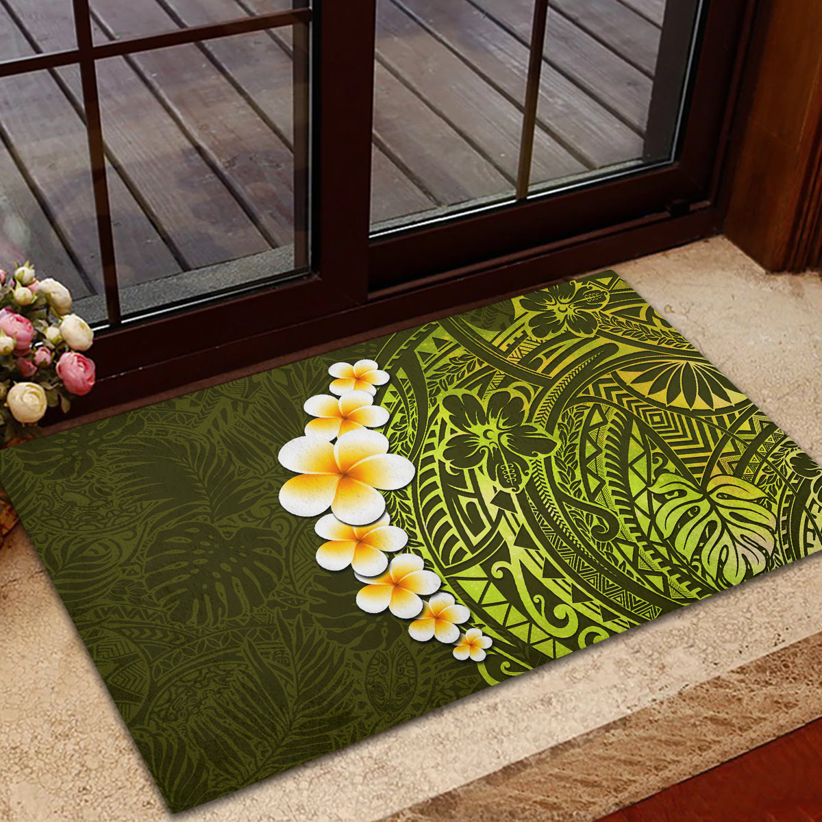 Lime Green Tropical Plumeria With Galaxy Polynesian Art Rubber Doormat LT14 - Polynesian Pride