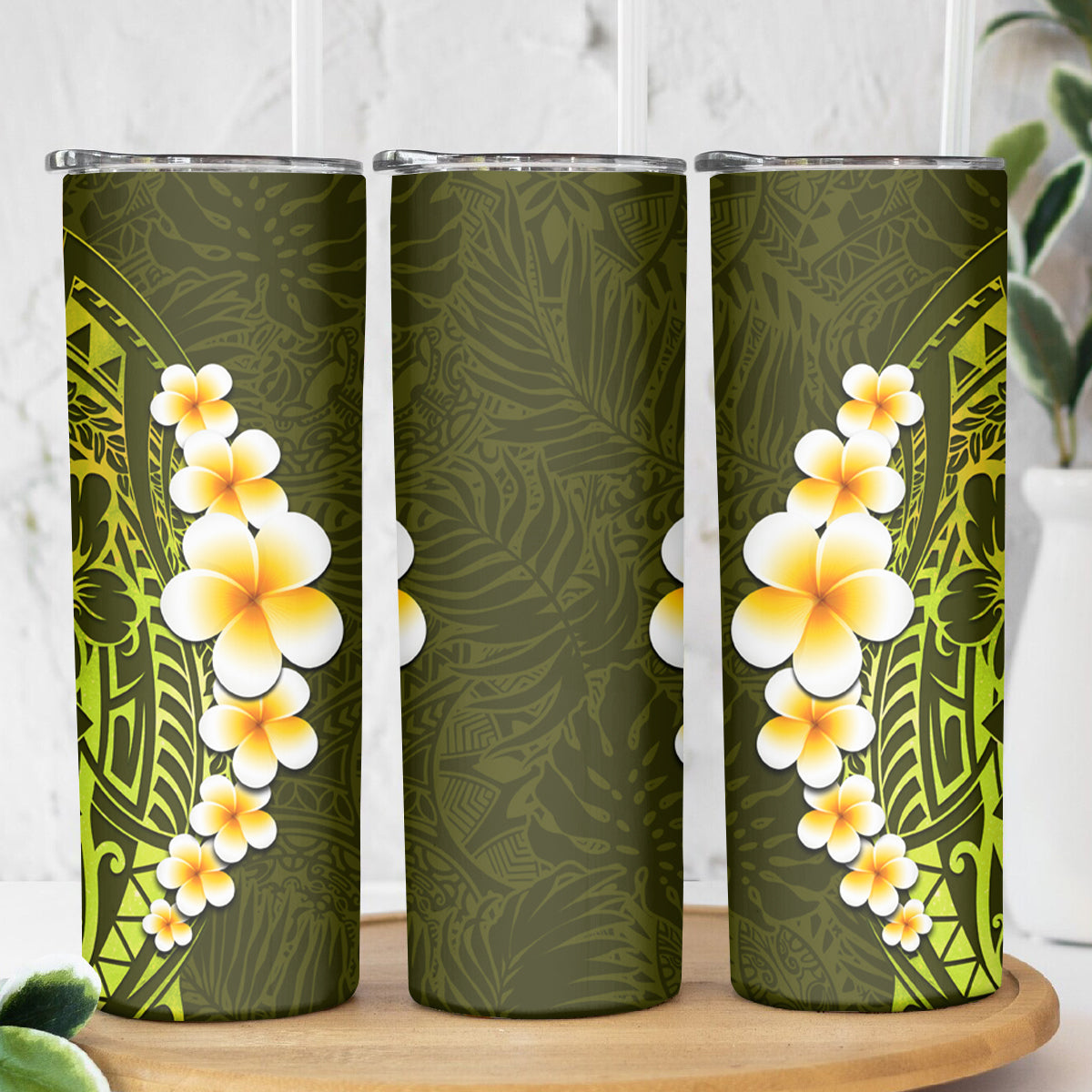 Lime Green Tropical Plumeria With Galaxy Polynesian Art Skinny Tumbler