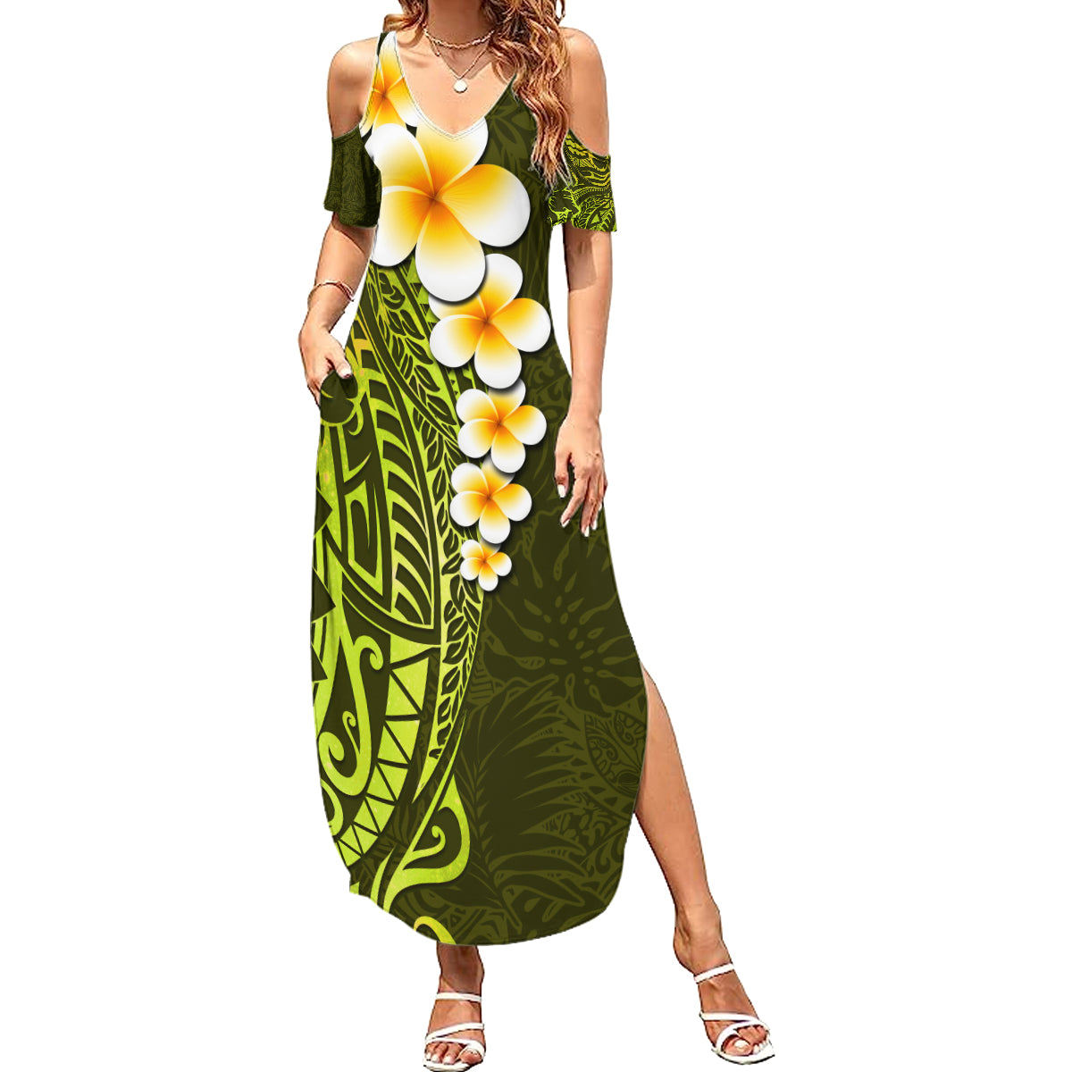 Lime Green Tropical Plumeria With Galaxy Polynesian Art Summer Maxi Dress LT14 Women Lime Green - Polynesian Pride