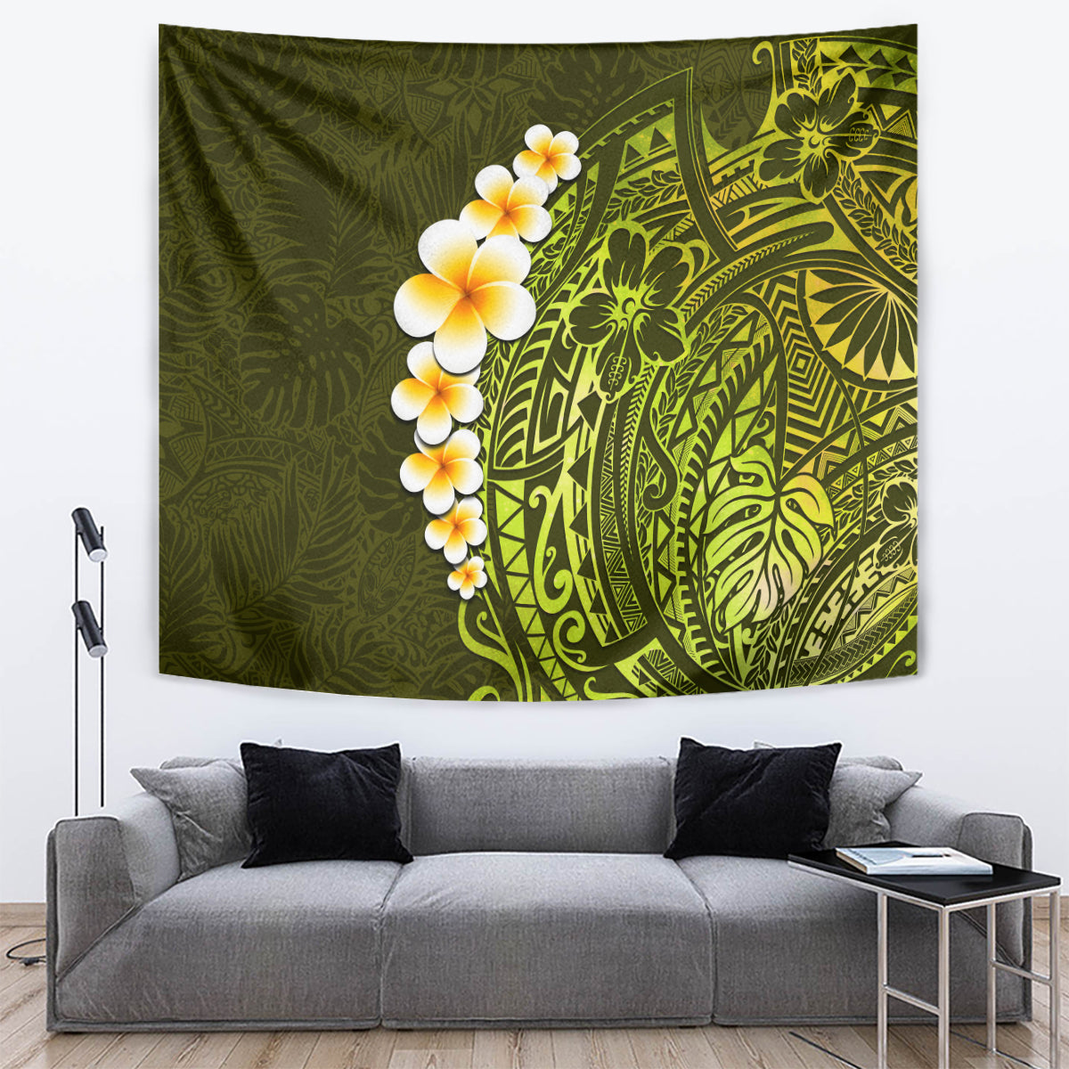 Lime Green Tropical Plumeria With Galaxy Polynesian Art Tapestry LT14 - Polynesian Pride
